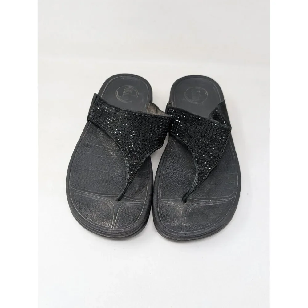 FitFlop Womens Size 7 Lulu Crystal Embellished Sandal Wedge‎ Black Thong 301-122